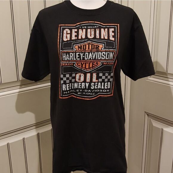 HARLEY-DAVIDSON Black/Orange Tee Oil Refinery Sealed Mesa, Arizona Medium Tall - Picture 1 of 7